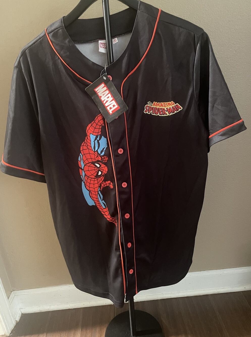 Marvel The Amazing Spider-Man Baseball Jersey Men’s Medium M Black Red #62 NWT